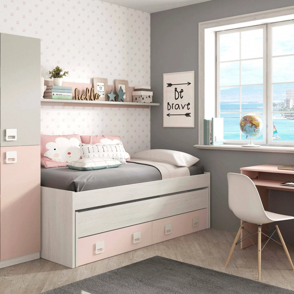 Letto singolo Asi, Struttura letto per cameretta, Letto singolo con lettino estraibile e 2 cassetti e mensola abbinata, cm 199x96h65, Bianco e Rosa