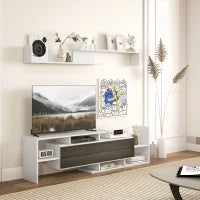Mobile TV con Mensola a Muro, Ripiani Aperti e Armadietto in Legno, Bianco e Nero