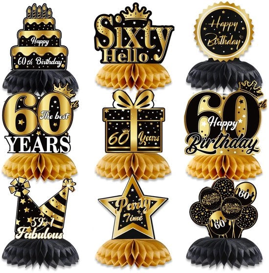 Centri di tavola 9 pezzi - Nero/ Oro - Disegno di formica - Decorazione per compleanni - 60° compleanno - Materiale sostenibile - Decorazione per compleanni