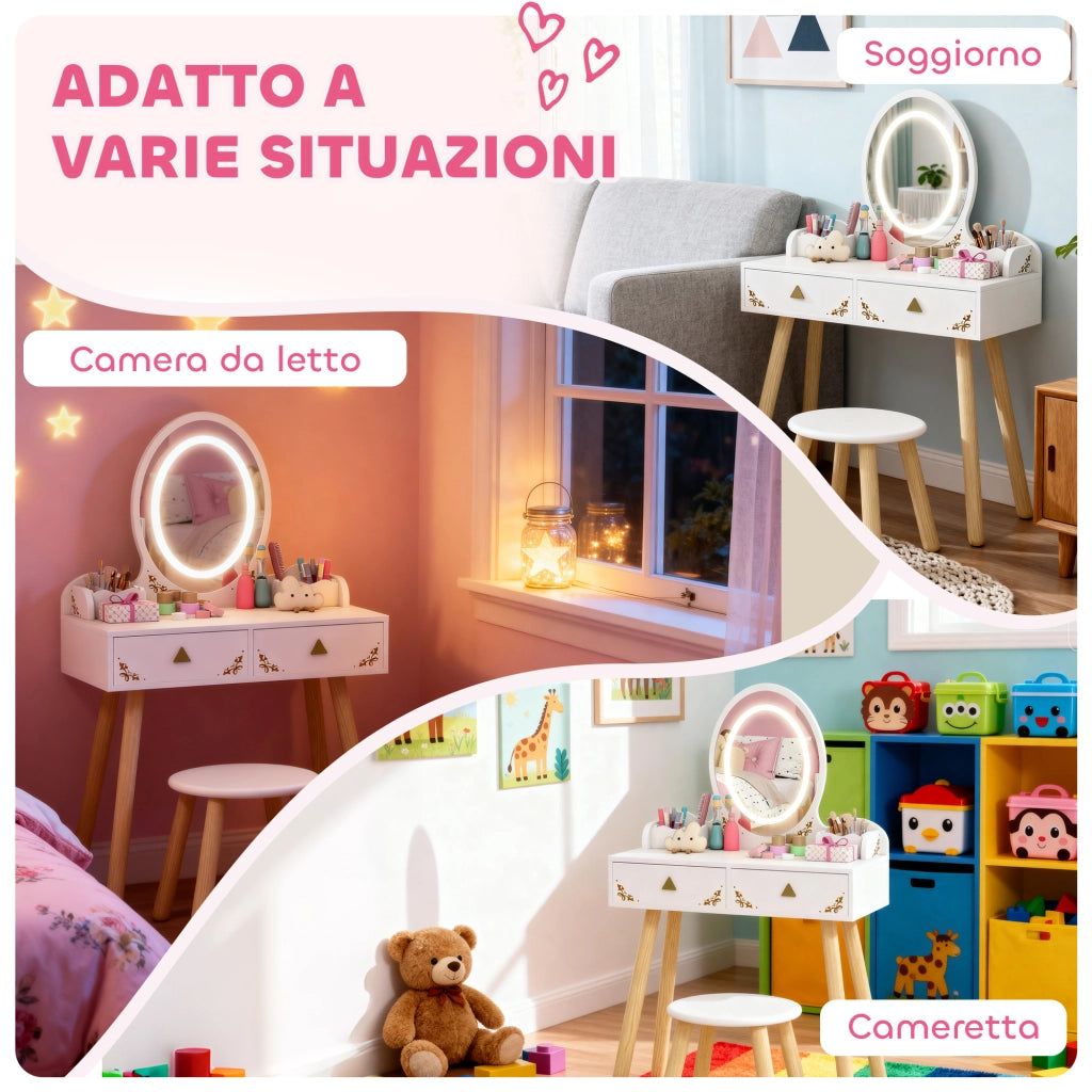 Set Toeletta per Bambine da 3 Anni con Specchio Illuminato e Sgabello 2 Cassetti e 2 Scatole Bianco