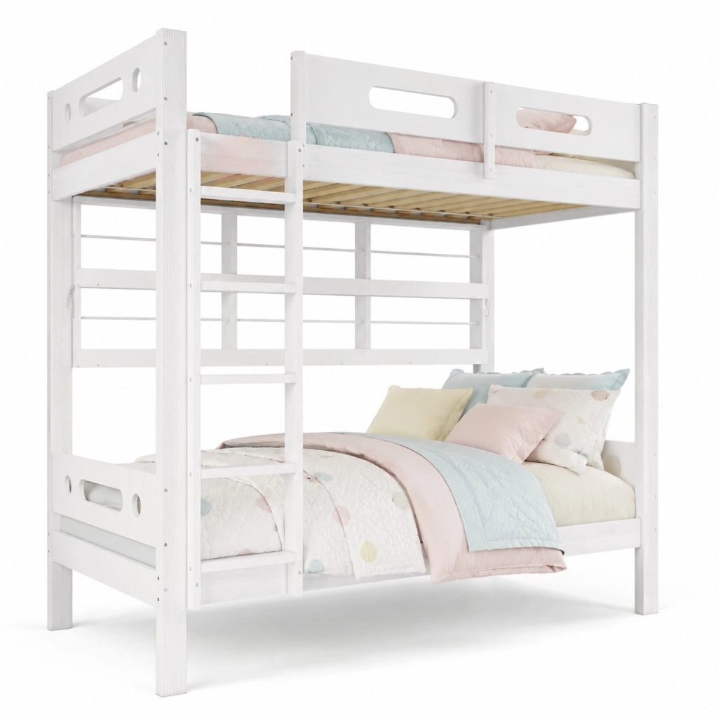 Letto a castello 90x200 cm bianco e naturale con scala a 5 gradini e mensole