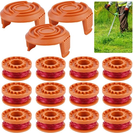 Spazzola di riserva per tagliaerba a batteria, compatibile con tutti i tagliaerba 20V, spazzola a filo per tagliaerba, spazzola di riserva, modello WA0010 Ø 1,65 mm, 3 m di lunghezza (12 spazzole di riserva + 3 doppi WA6531)