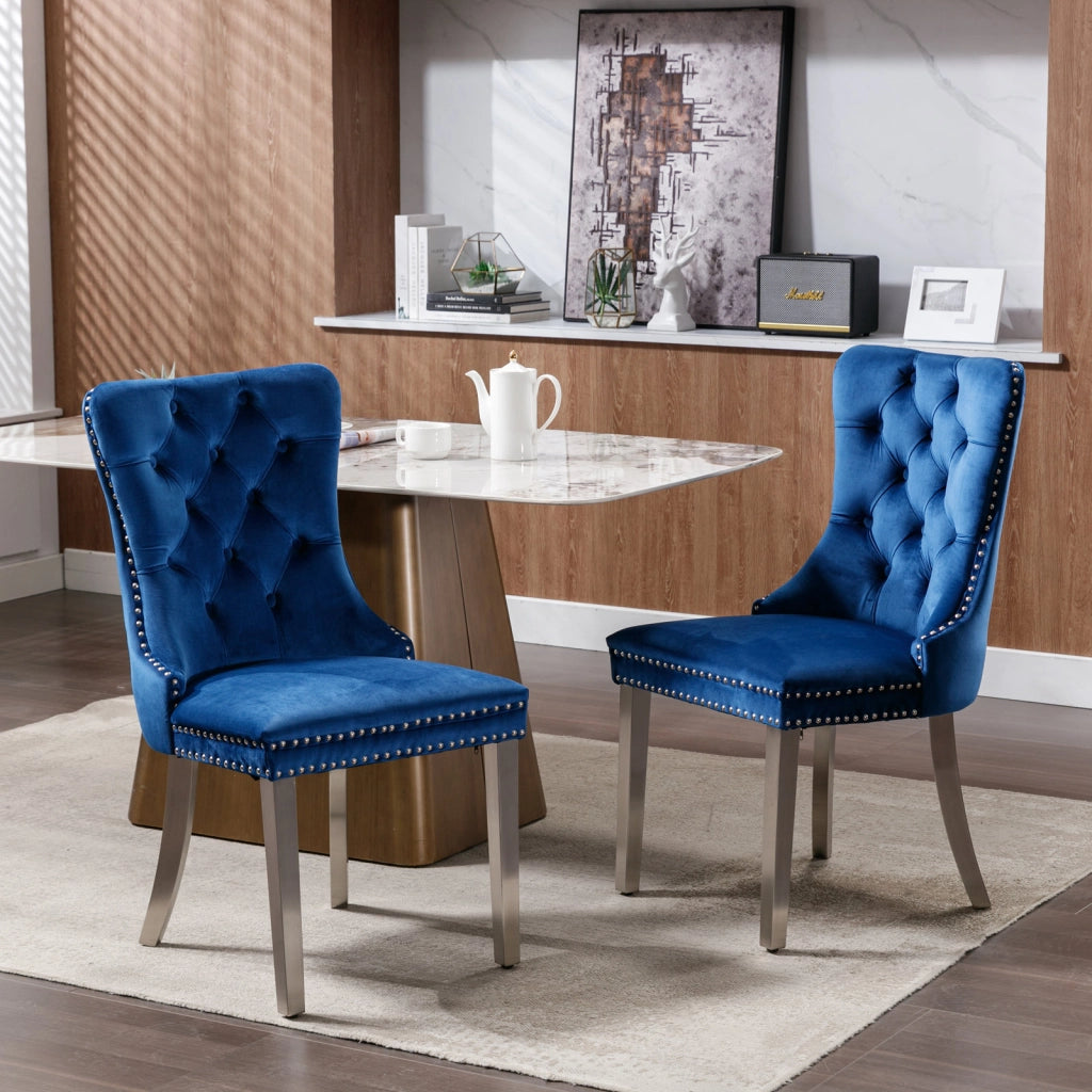 Sedie da Pranzo Imbottite in Velluto ¨C MINIMAL ¨C Set 2 Pezzi, Legno Massello, Gambe Cromate, Blu