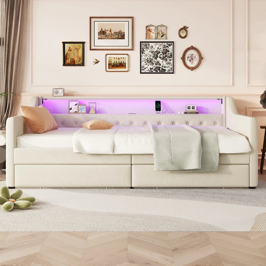 Letto a una piazza 90x200 con luci LED, due cassetti e porta USB
