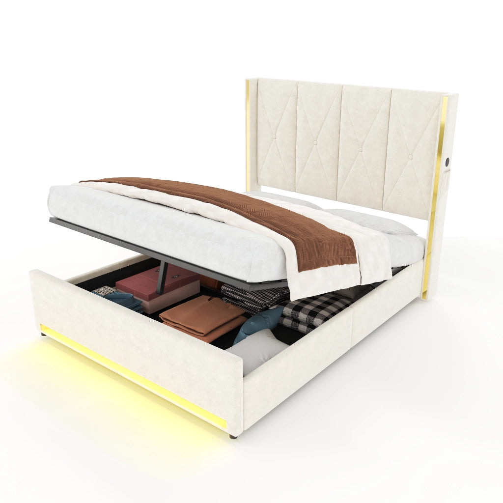 Letto Contenitore Matrimoniale 160x200 cm; USB; Type-C e LED; in Velluto Beige