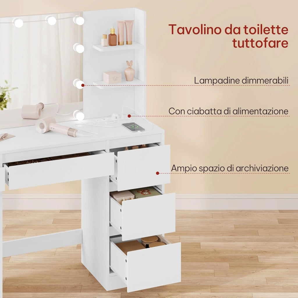 Toeletta Trucco con Specchio LED, Tavolo da Trucco con Sgabello e 4 Cassetti, Luci Regolabili a 3 Colori, Design Moderno Bianco per Camera da Letto