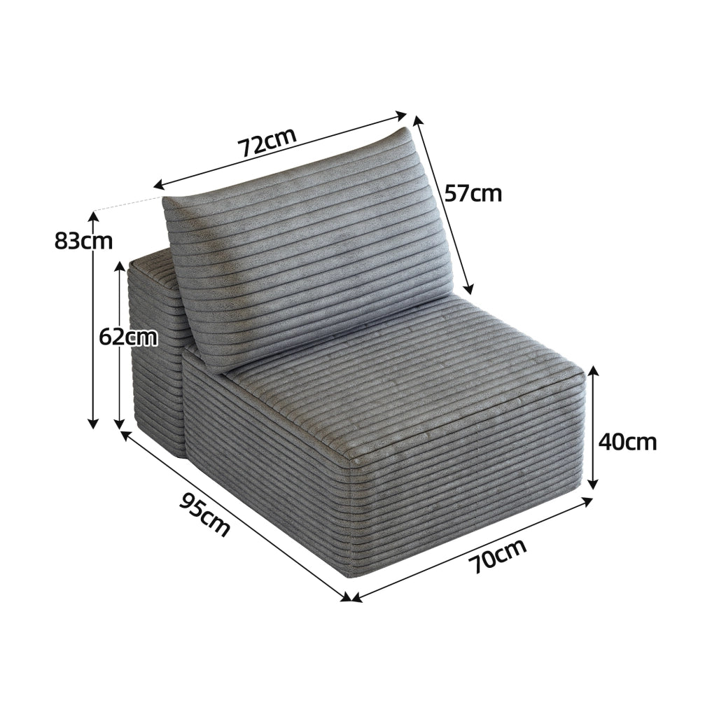 Divano singolo modulare con chaise longue in tessuto effetto velluto, grigio
