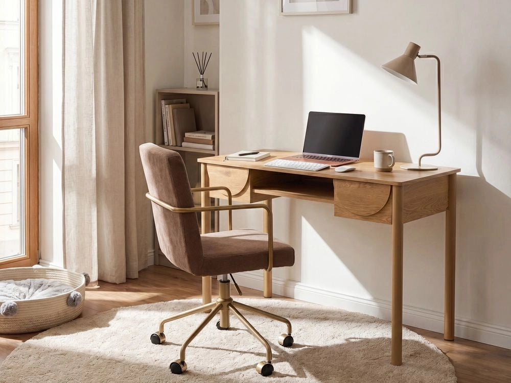 Scrivania per ufficio domestico in stile scandinavo con cassetti e ripiani aperti in MDF, 140 x 50 cm, colore marrone chiaro