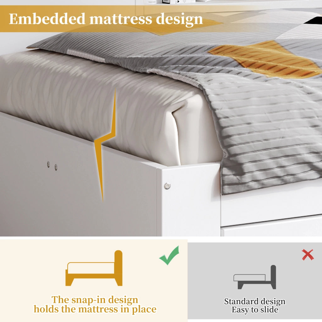 DESMIU Letto a giorno 140 × 190 cm 1 posto con 2 cassetti, ripiani e armadio, senza materasso, bianco