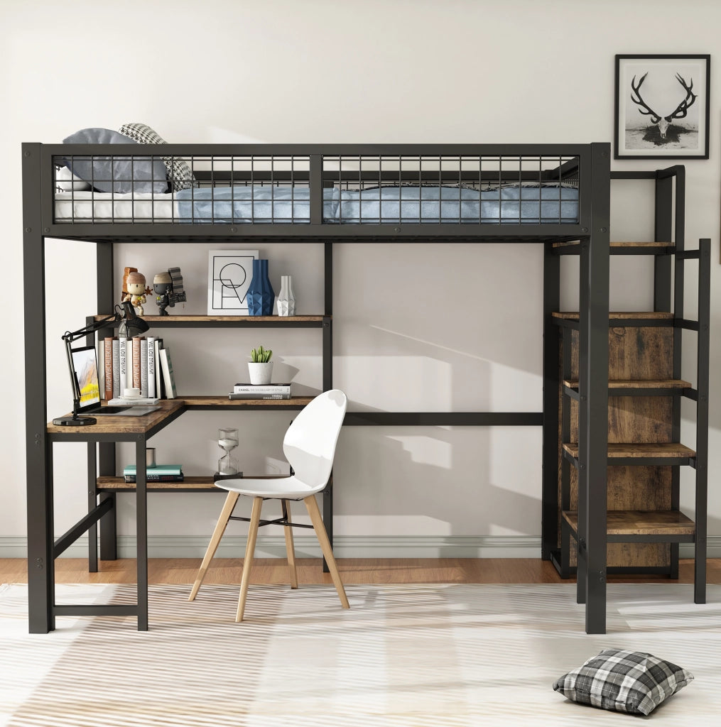 Letto a soppalco 140x200 cm con scrivania, ripiani e armadio integrati
