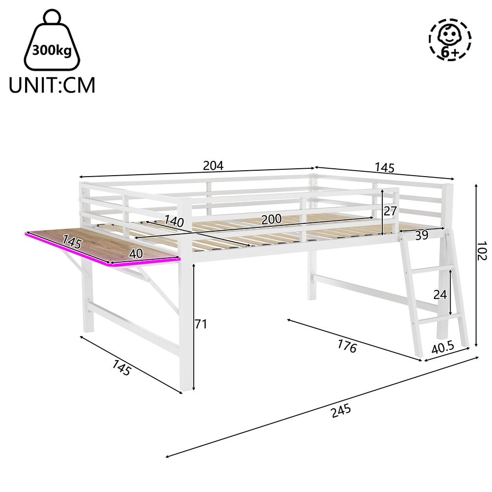 Letto a Soppalco con Scrivania e LED ¨C MINIMAL ¨C Metallo Bianco 140x200