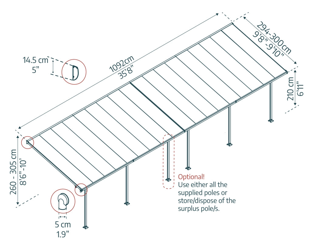 Canopia Feria Pergola Addossata in Alluminio  3X10.9 m Grigio