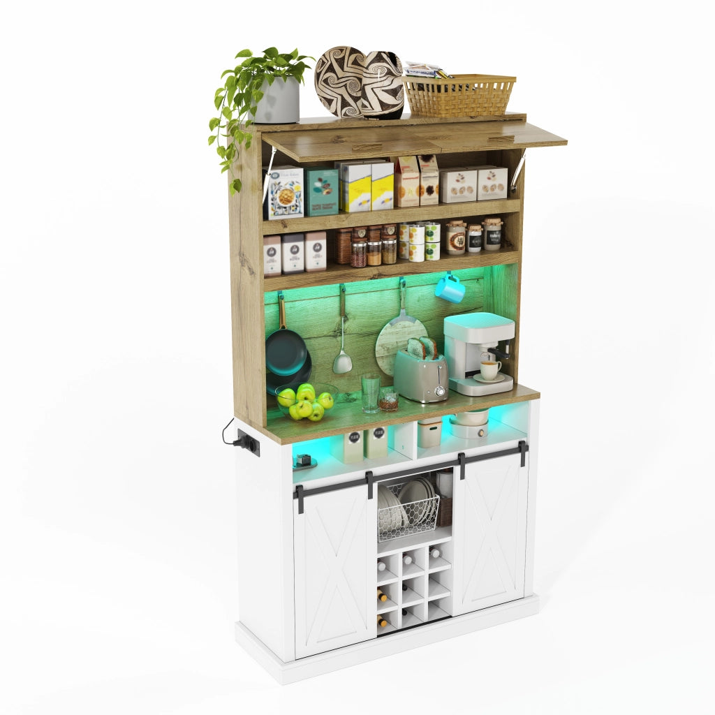 Credenza alta da cucina con vetrina, LED RGB, ripiani aperti e ante scorrevoli, 110 x 40 x 191 cm