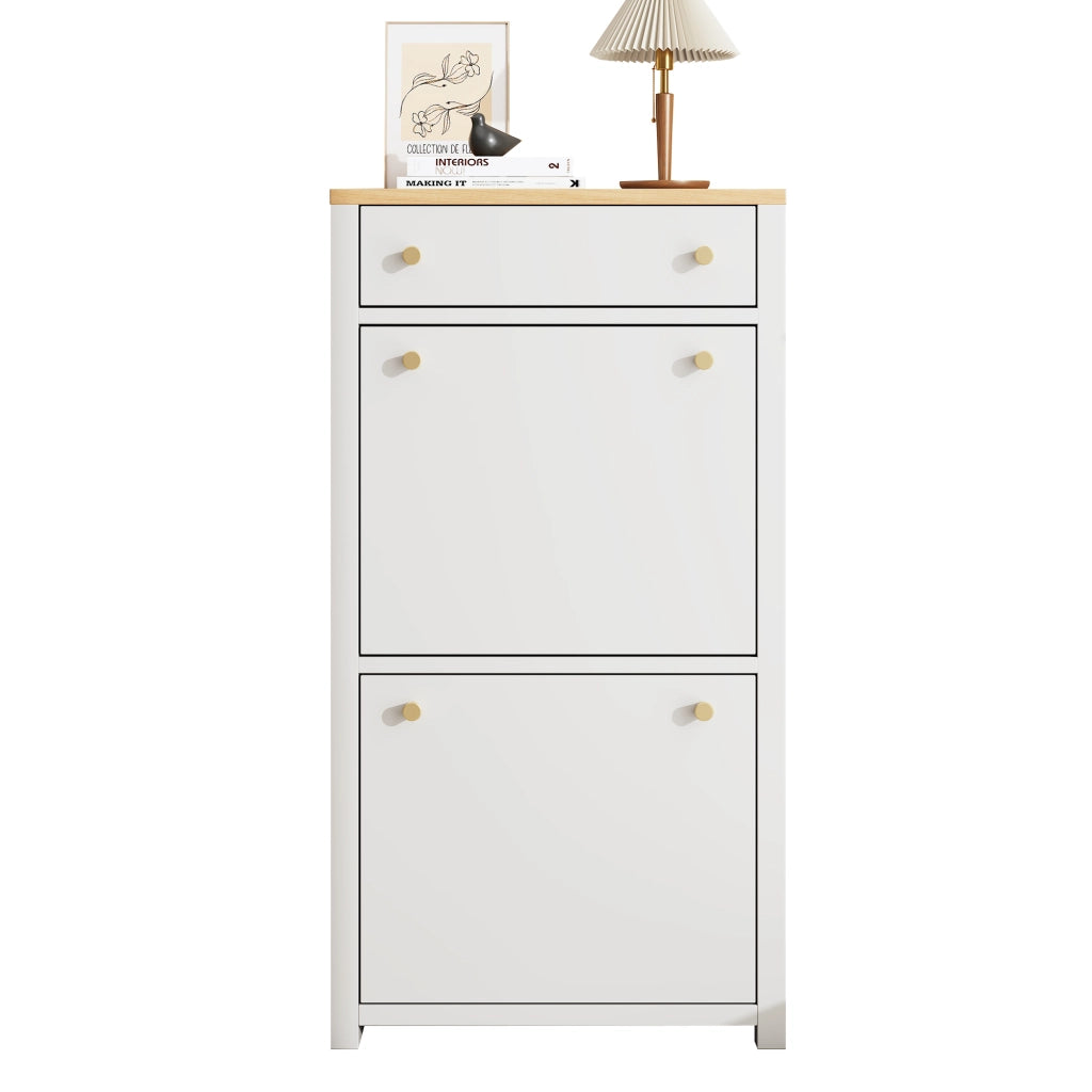 Scarpiera slim a ribalta con cassetto, 2 ante e ripiani regolabili, MDF bianco effetto legno, 50 x 25 x 95 cm