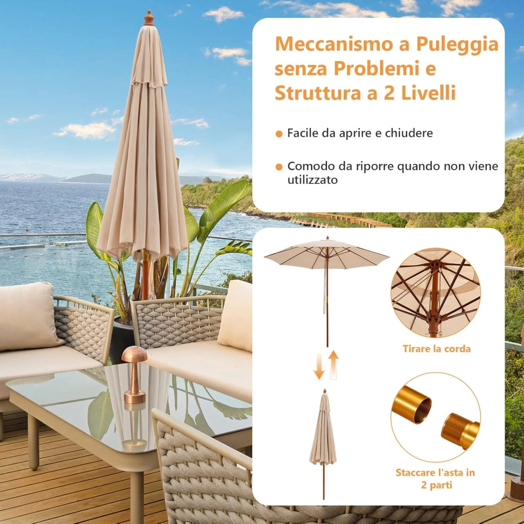 Ombrellone da Giardino di 260 cm, Ombrellone da Esterno con Altezza Regolabile, 8 Stecche, Protezione UV, per Giardino, Cortile, Patio, Piscina (Beige)