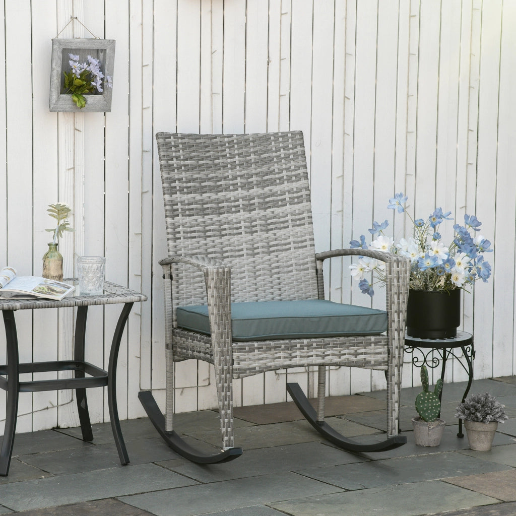 Poltrona dondolo per giardino con cuscini, polyrattan e metallo, grigio, 66x88x98 cm ¨C Minimal