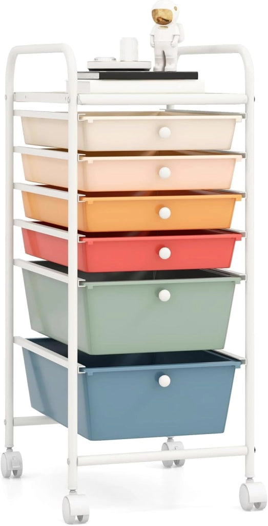 Carrello con 6 cassetti impilabili, carrello per cassetti, carrello da cucina con ruote bloccabili, carrello portaoggetti, carrello in metallo, per cucina, ufficio (colorato)