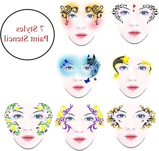 Set di 7 stili per la pittura facciale e corpo con disegno farfalla e fiori, strumento da trucco riutilizzabile.