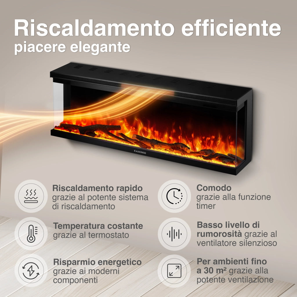 KAMINIO Camino elettrico LEA - Camino 3 in 1 con vista panoramica, riscaldamento, effetto fiamma, 12 colori delle fiamme, telecomando - 50 pollici