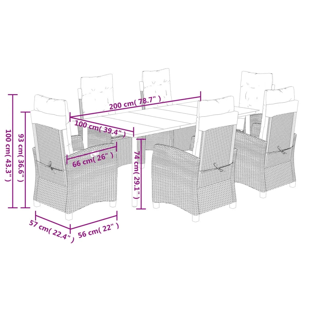 Set da Pranzo da Giardino 7 pz con Cuscini Beige in Polyrattan