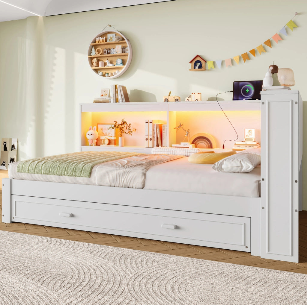 LETTO 90x200 cm con letto estraibile, LED, presa, USB e Type-C, Bianco