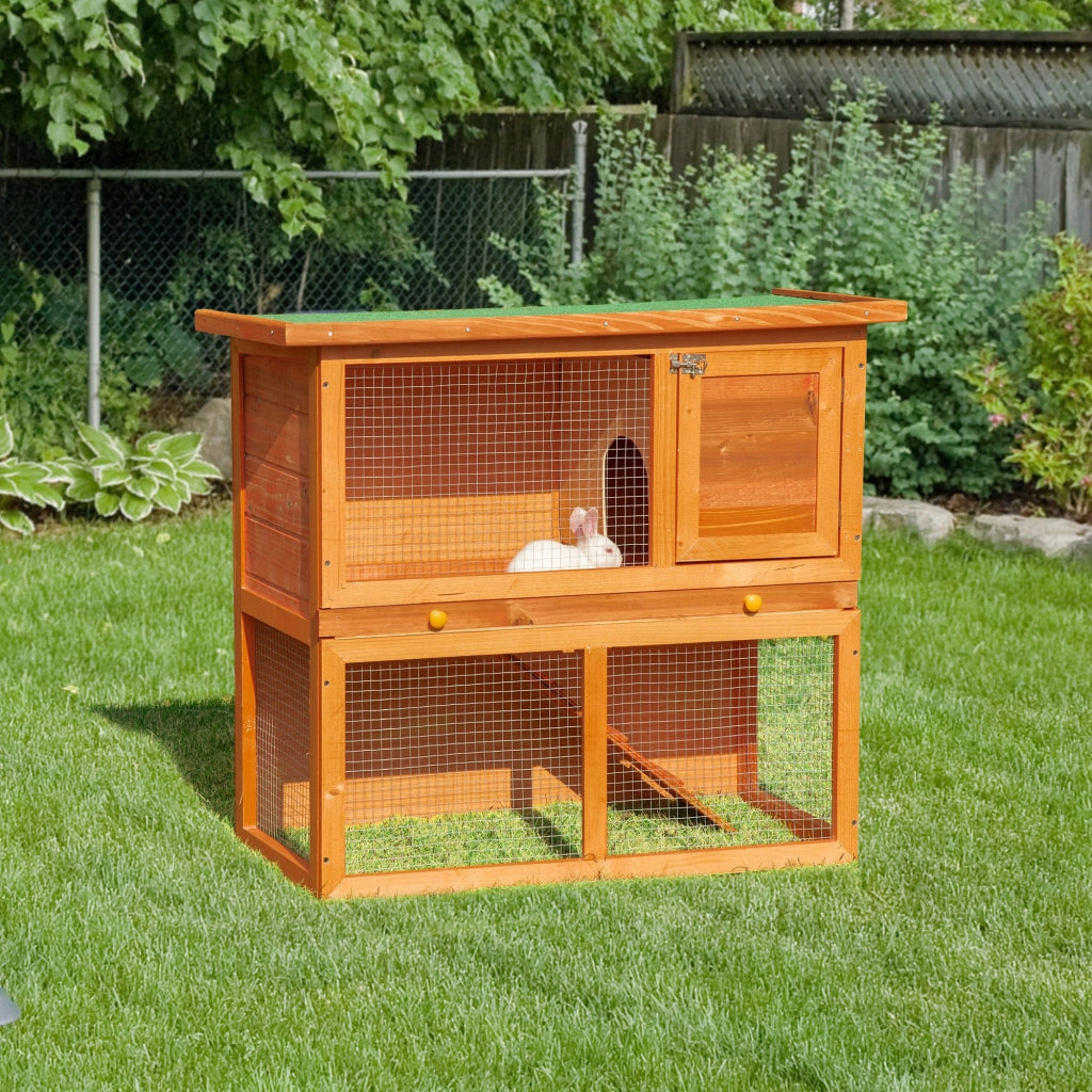 EasyComfort Gabbia per Conigli a Due Piani, Conigliera da Esterno con Casetta per Conigli in Legno di Abete, 90x45x80 cm