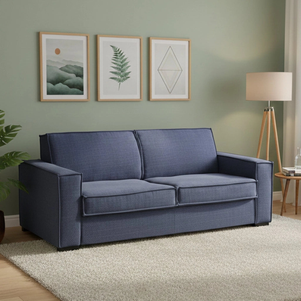 Divano Letto Alisa, Divano a 2 posti Large, Made in Italy, SofÒ  Soggiorno con apertura girevole, in tessuto imbottito, con Braccioli slim, cm 180x95h90, Blu