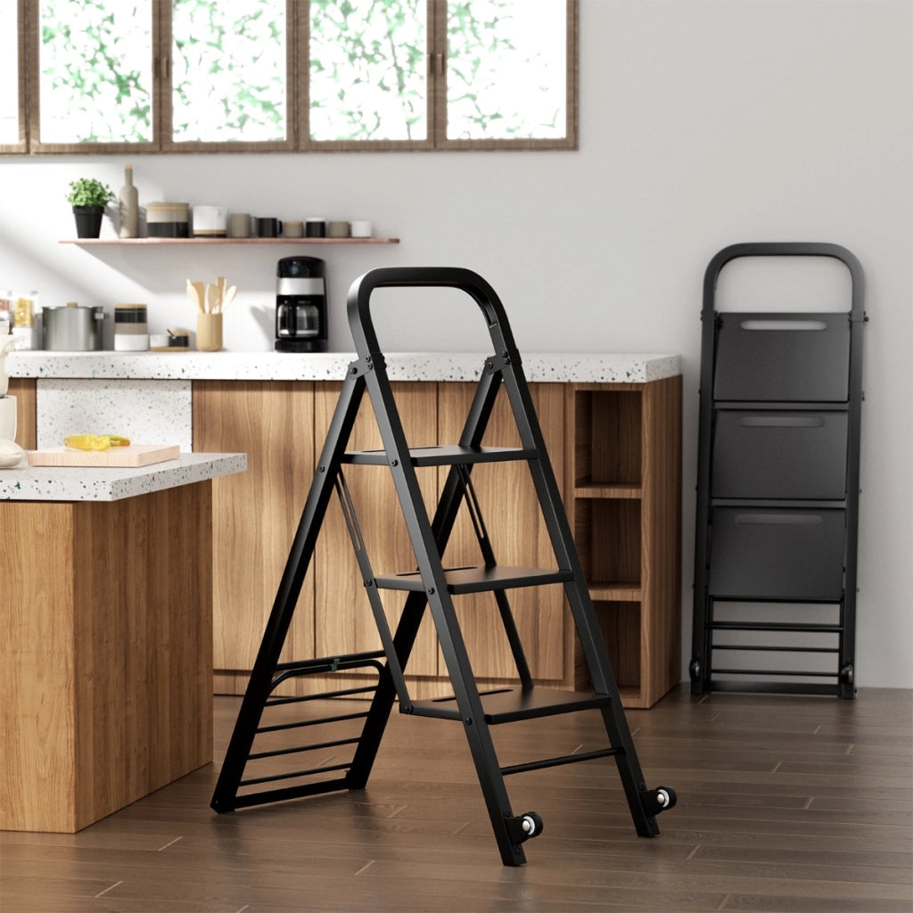 Combo scala e carrello a mano 2-in-1, Scala a 3 gradini pieghevole in metallo con ruote carico massimo 250kg Nero-Scale e ponteggi