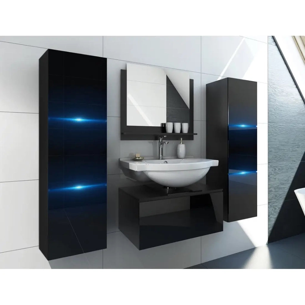 Set di 3 mobili da bagno neri collezione OWL. 2 colonne, mobile sotto lavabo, specchio.