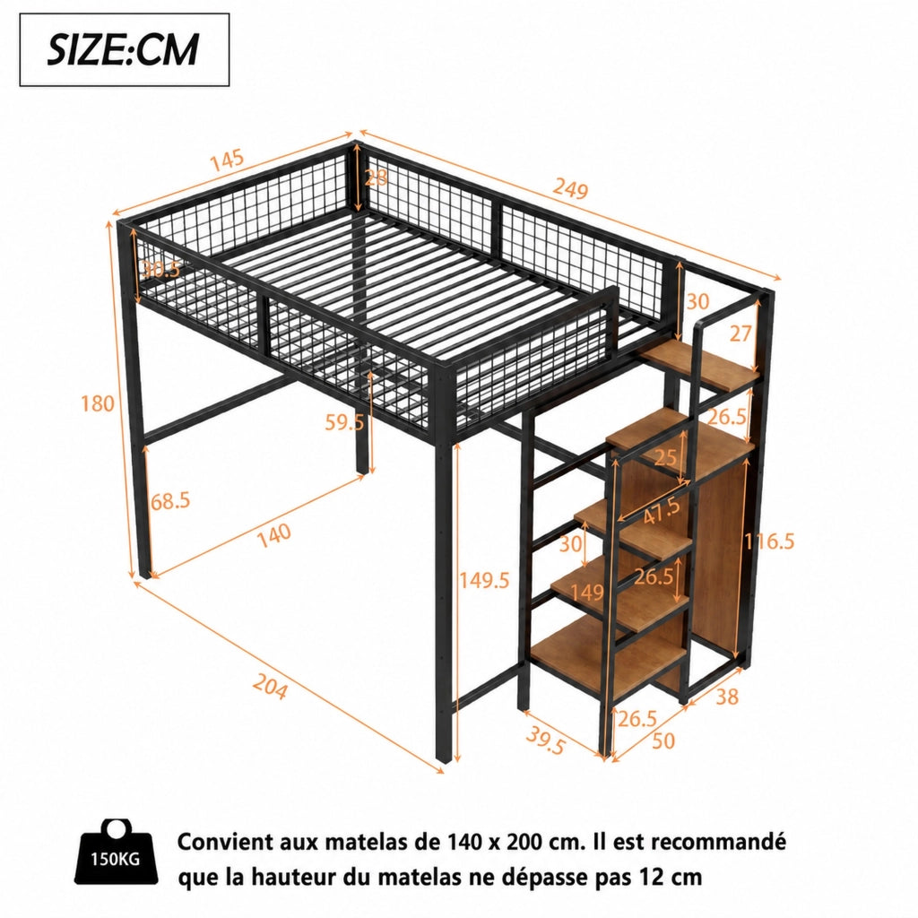 Hochbett 140x200 cm in metallo con scala di sicurezza, contenitore integrato e rete a sbarre, nero