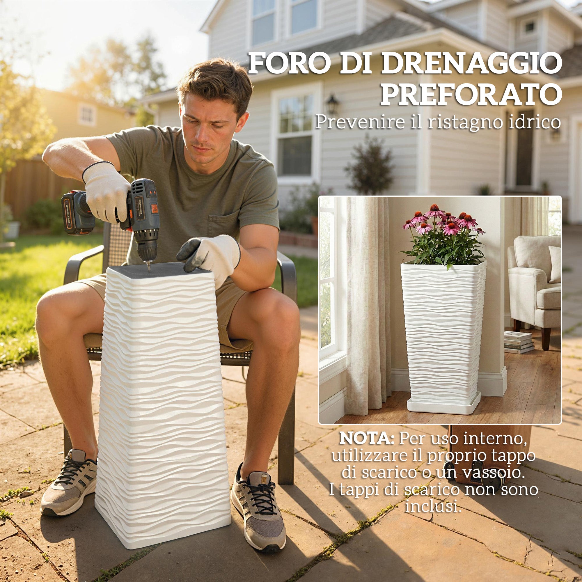 Set 3 Vasi da Esterno 42-55-65 cm Impilabili con Motivo Ondulato in Plastica Bianco
