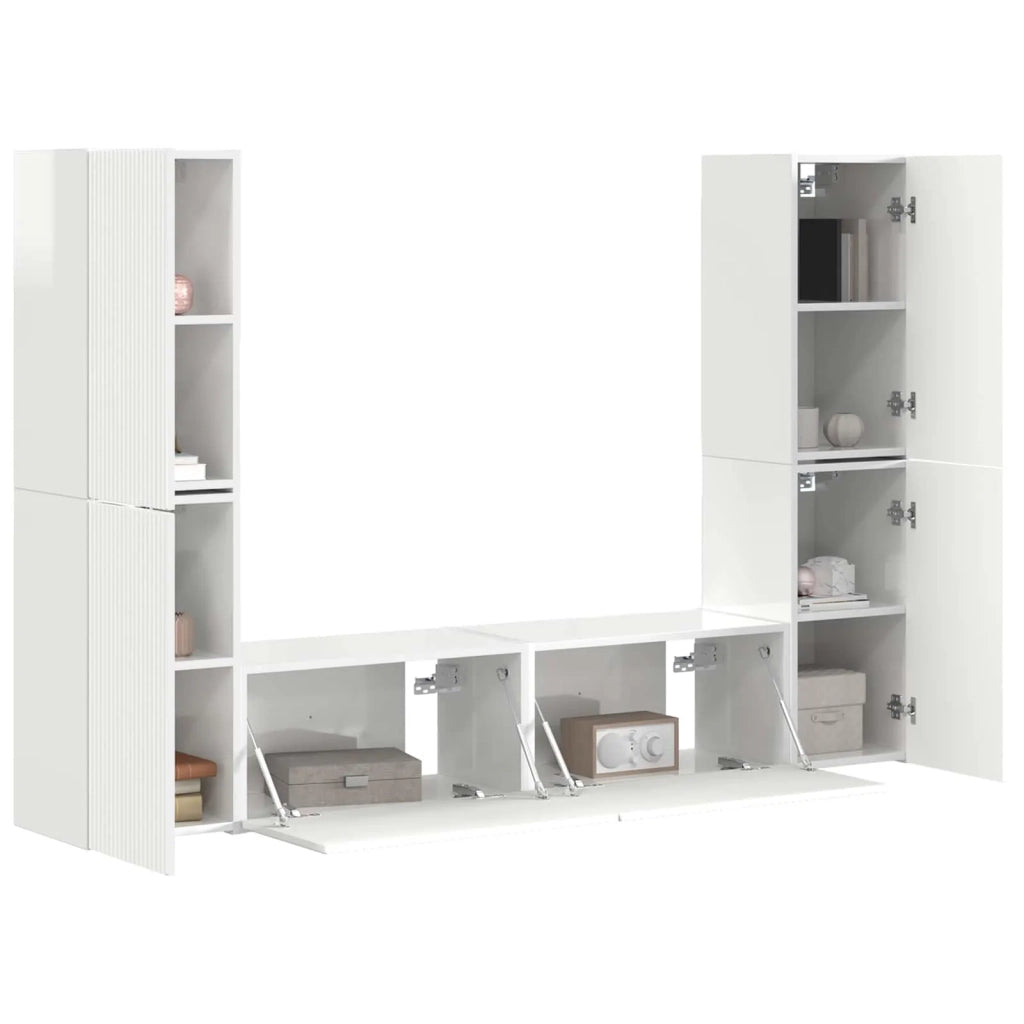 Set mobile TV 6 pz-Credenza per TV Bianco Lucido Legno multistrato 716835