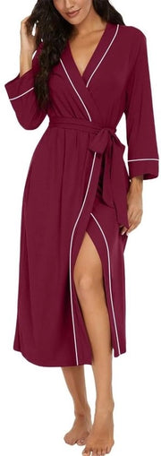 Kimono da donna leggero con manica 3/4, abito da camera da letto per donna, abbigliamento da sera e da bagno (Rosso vino, S)