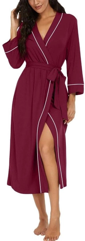 Kimono da donna leggero con manica 3/4, abito da camera da letto per donna, abbigliamento da sera e da bagno (Rosso vino, S)