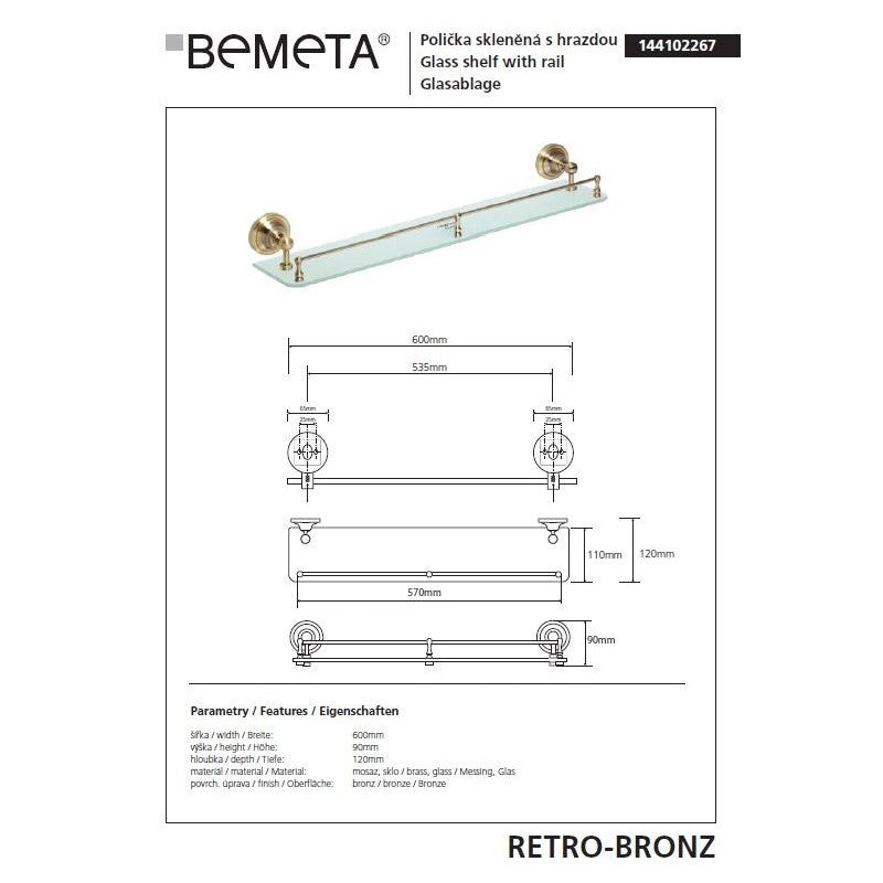 Mensola doccia RETRO in vetro e ottone 60x9x12 cm