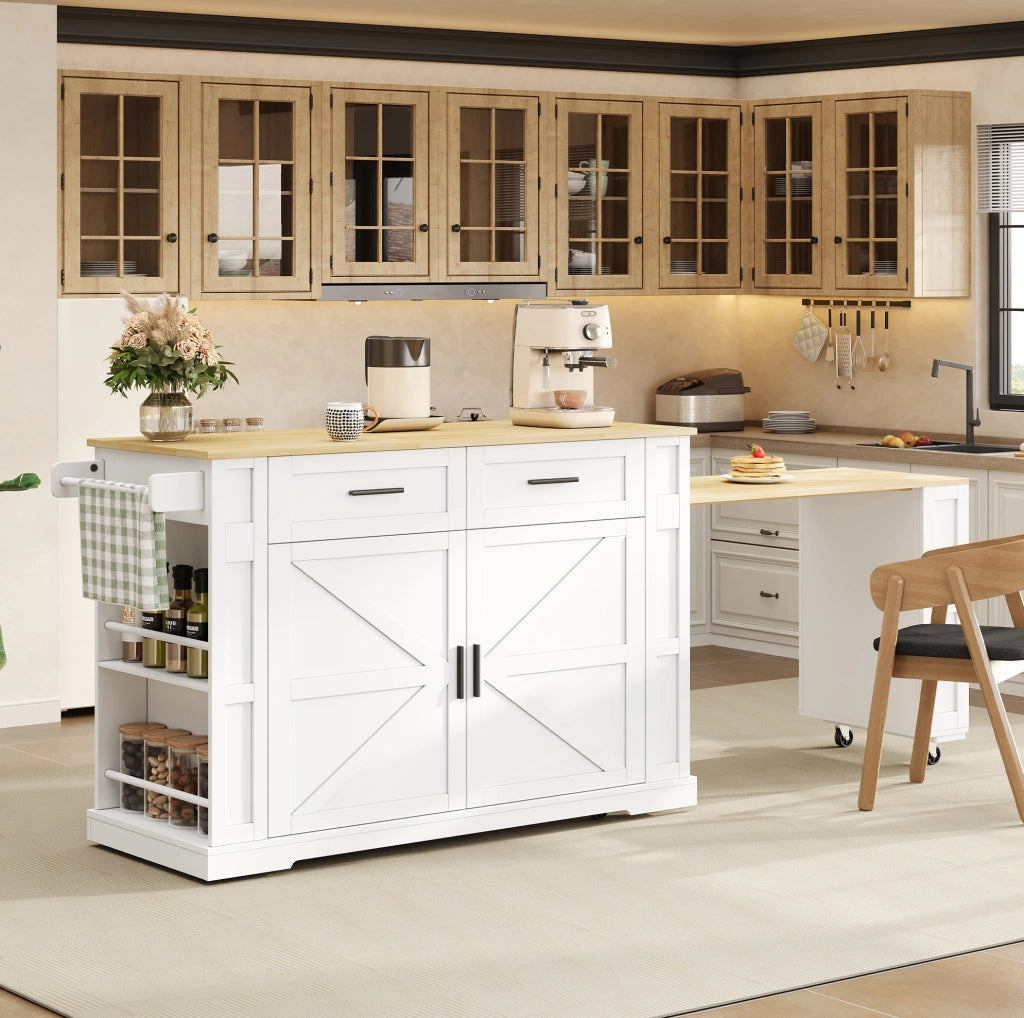 Isola cucina 130x50x93 cm in MDF bianco salvaspazio con rotelle