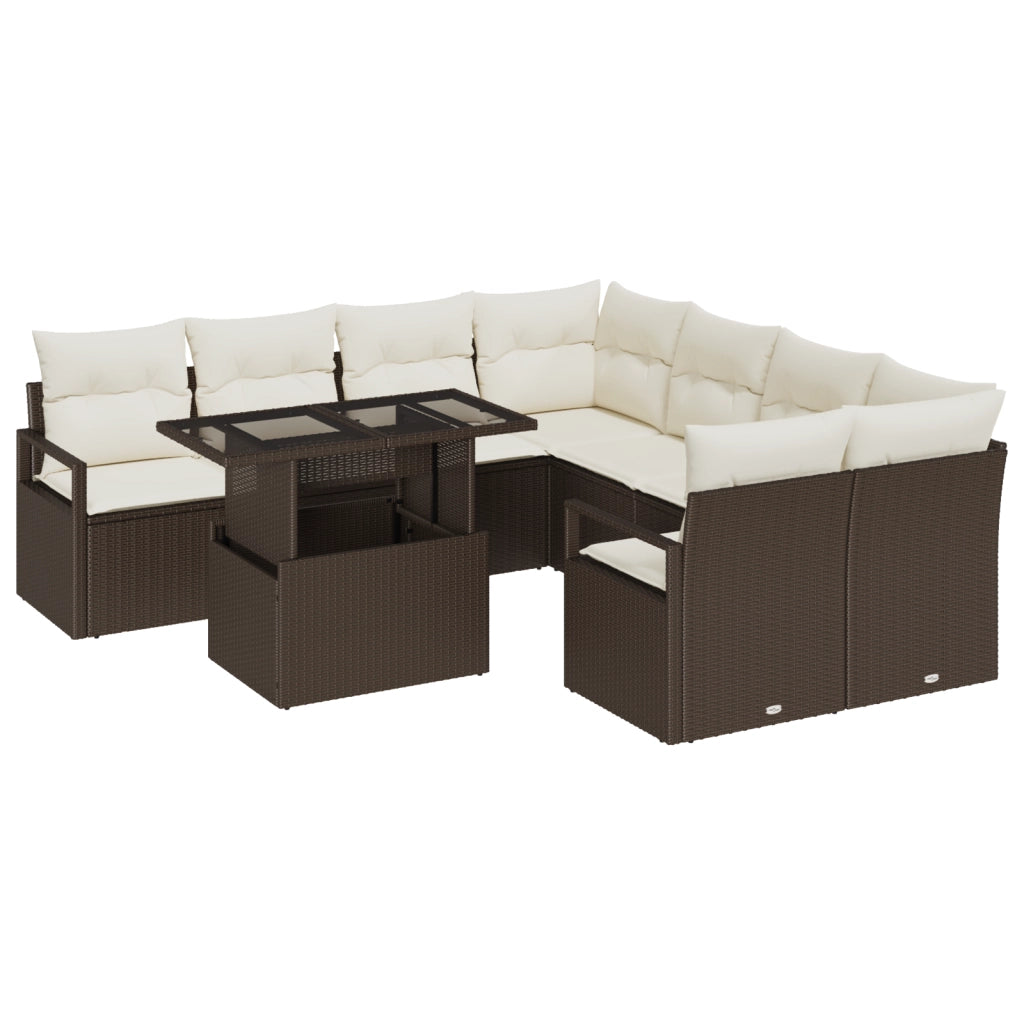 Set Divano da Giardino  9 Pezzi con Cuscini Marrone Polyrattan