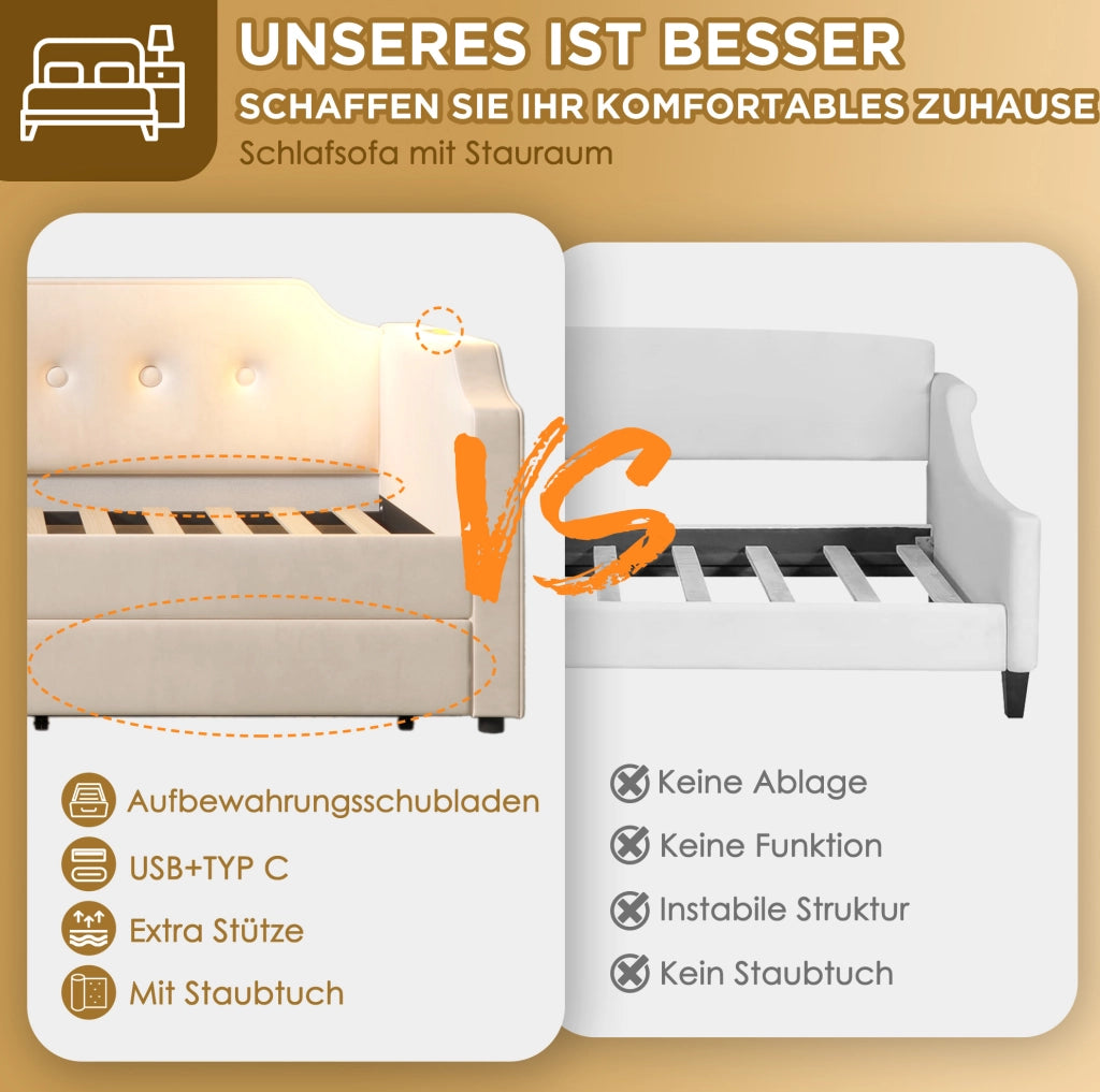 Letto singolo imbottito 90x200 beige con USB-C e cassetti