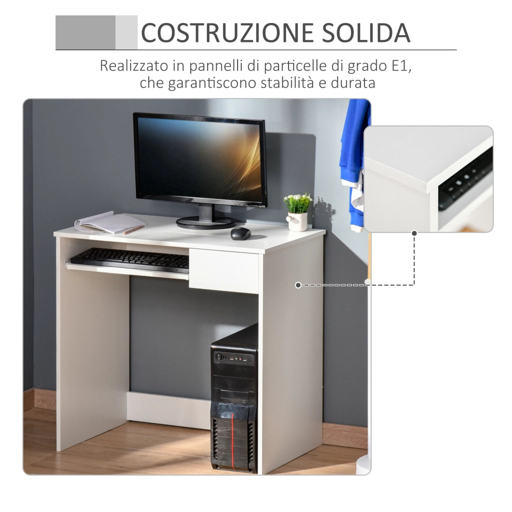 Scrivania per Computer e Ufficio Salvaspazio 80x45x75 cm con Ripiano Tastiera e Cassetto Bianco Moderno per Studio e Casa