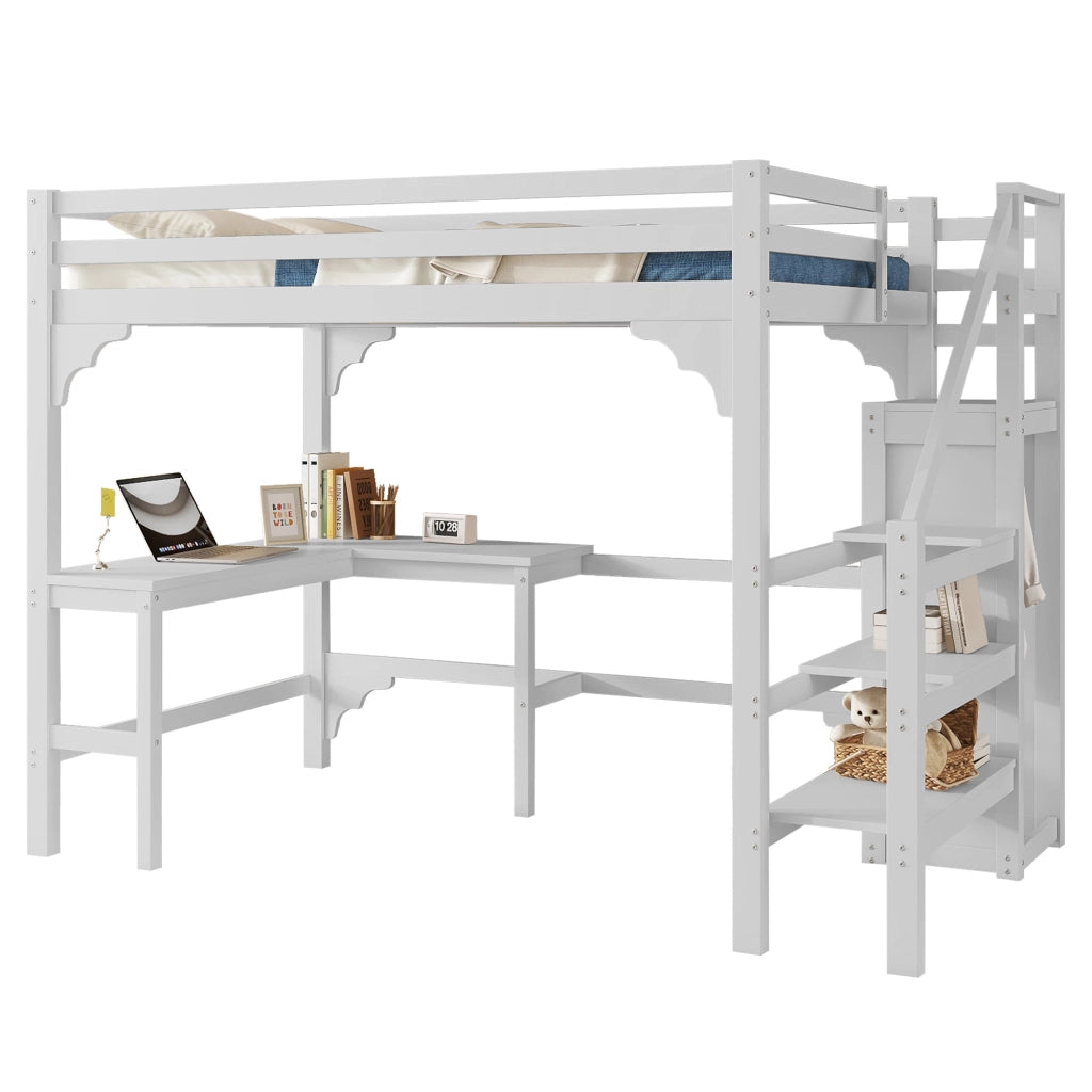 Letto a castello bianco con scrivania a L funzione contenitore in pino 140x200 cm