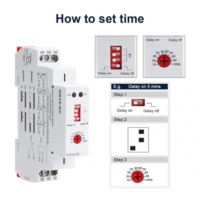 ETTROIT Relè Temporizzatore Doppia Funzione Ritardo Accensione/Spegnimento AC 230V 1 SPDT 10A - JX18101