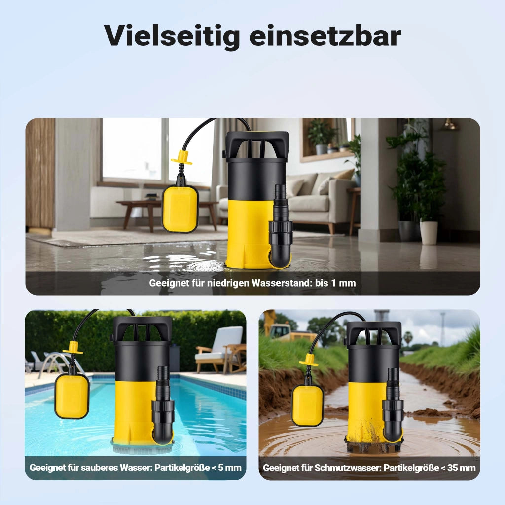 Pompa sommersa ad aspirazione piatta 3in1 400 W, portata 8000 l/h, per acque chiare e scure, con galleggiante e termoregolazione, per cantine, stagni, piscine, pozzi