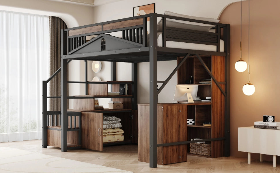 DESMIU Letto a soppalco matrimoniale con scala contenitore, armadietto e finestra 140 × 200 cm, senza materasso