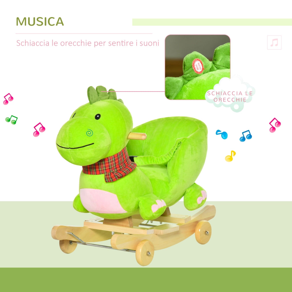 Cavalluccio a Dondolo per Bambini ¨C zephmum ¨C Legno e Peluche Verde