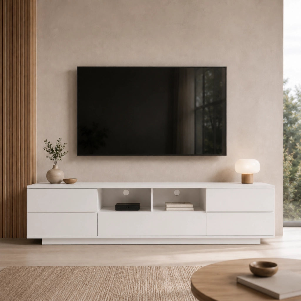 Mobile Televisore Moderno Con 4 Ante 1 Anta A Ribalta 2 Vani A Vista Con Passacavi Per Soggiorno Zona Living Salotto In MDF Resistente 180 x 38 x 46 Cm Bianco