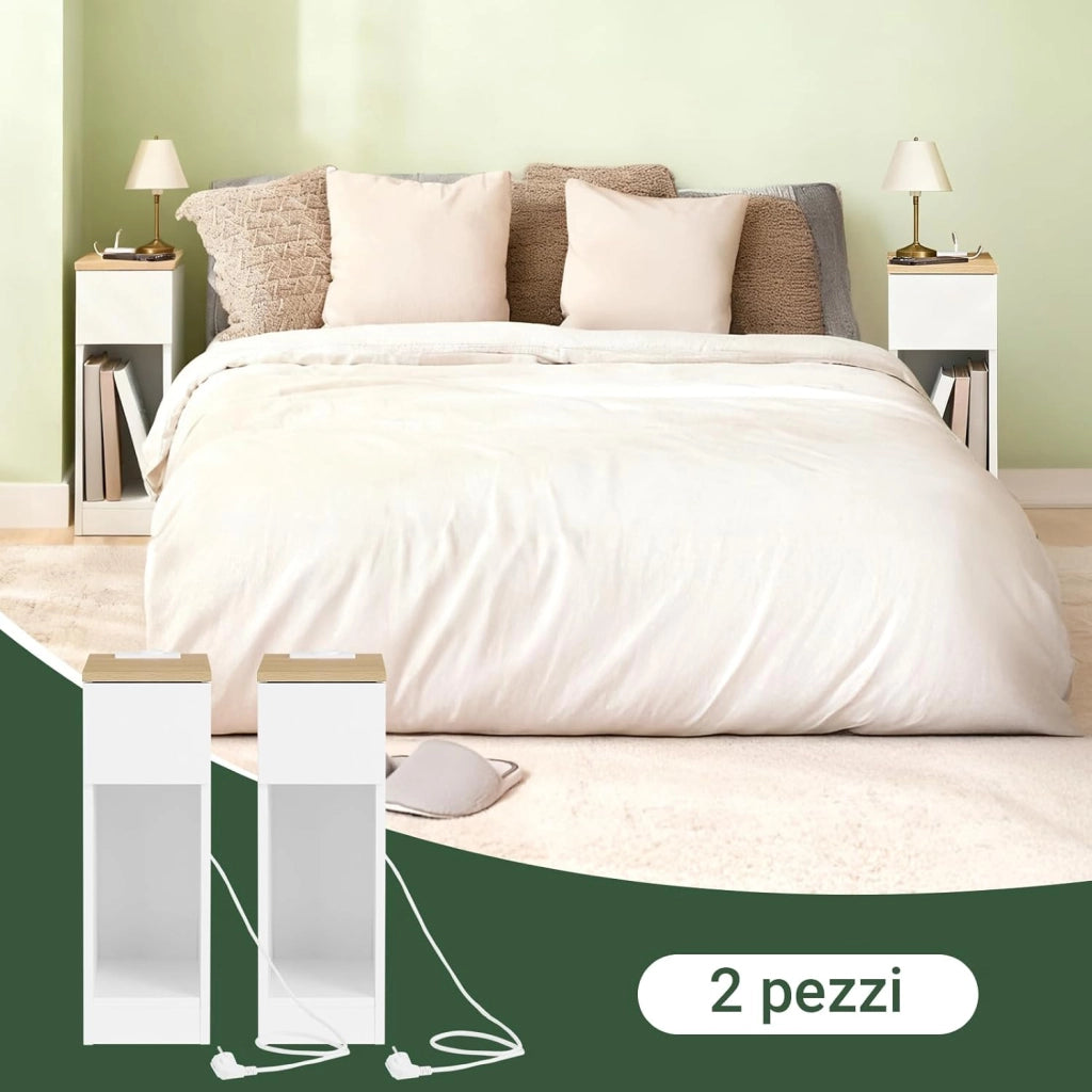 Set da 2 comodini camera da letto stretti con ricarica USB & Type-C, tavolino da letto con incavo battiscopa, mobile salvaspazio per piccoli ambienti, bianco 20x35x60 cm FBT111-E-WNx2