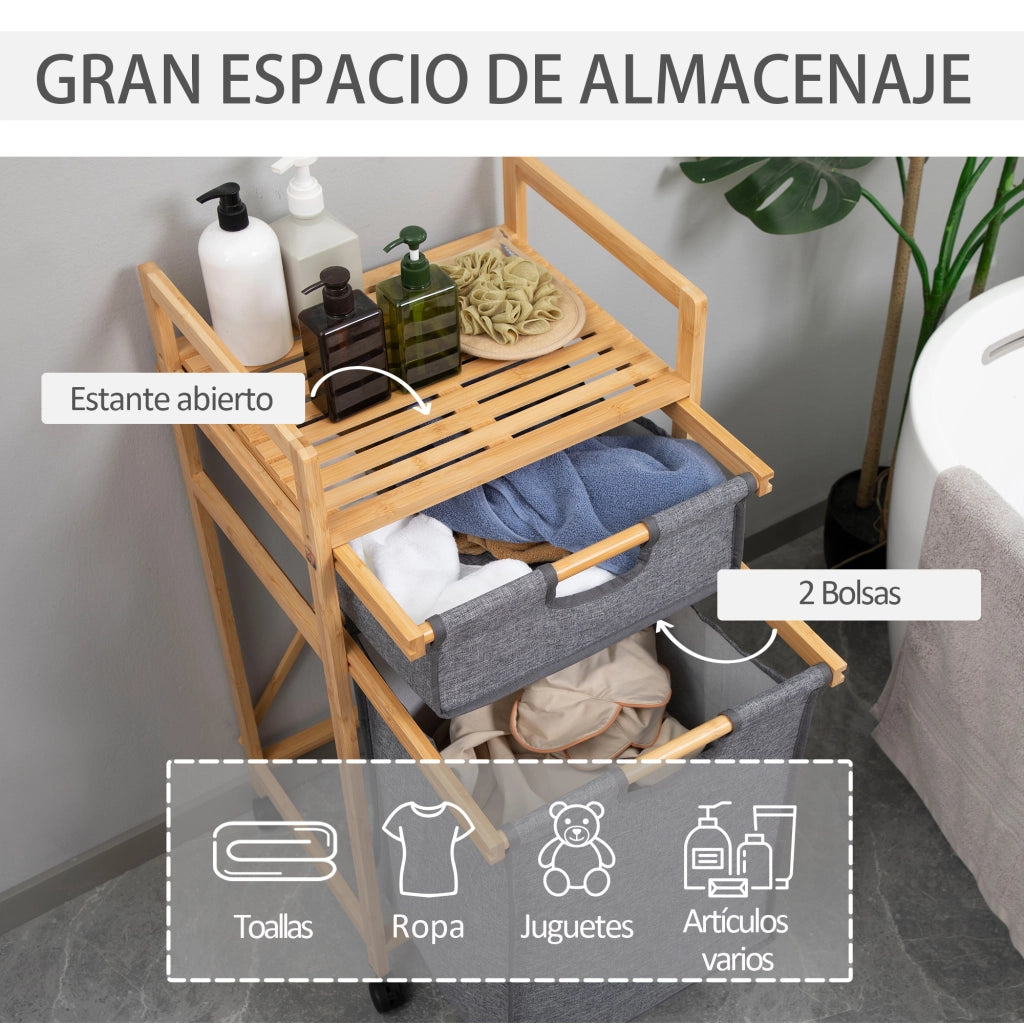 Cestino per Biancheria in Bamb¨´ con 2 Sacchetti e Ruote ¨C Zephmum ¨C Grigio 42x35x84,5 cm