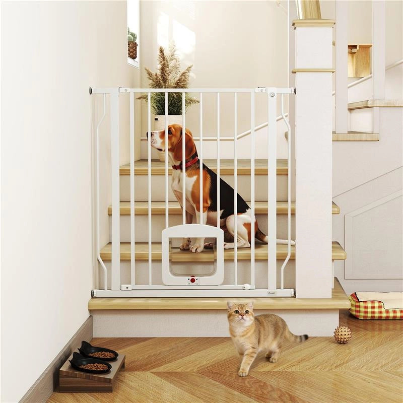 CANCELLO PER CANI E GATTI ESTENSIBILE CON GATTAIOLA INTEGRATA, IN ACCIAIO E ABS, 75-85X2X76 CM, BIANCO