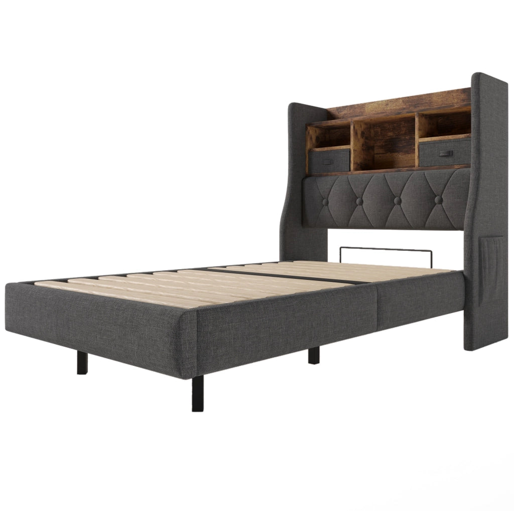 Letto imbottito 90x200 cm con LED; USB e USB C; testiera contenitore; lino grigio