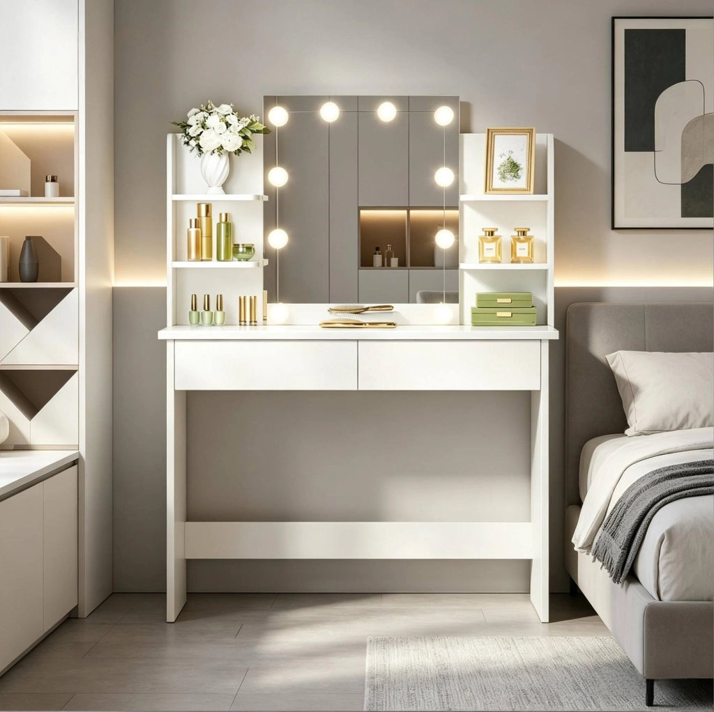 Toeletta bianca con specchio LED, 2 cassetti e 4 ripiani